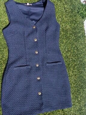Sleeveless Navy Button-Front Knit Dress